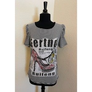 Striped Puffy Sleeve Short Sleeve High Heeled Shoe Studded Top